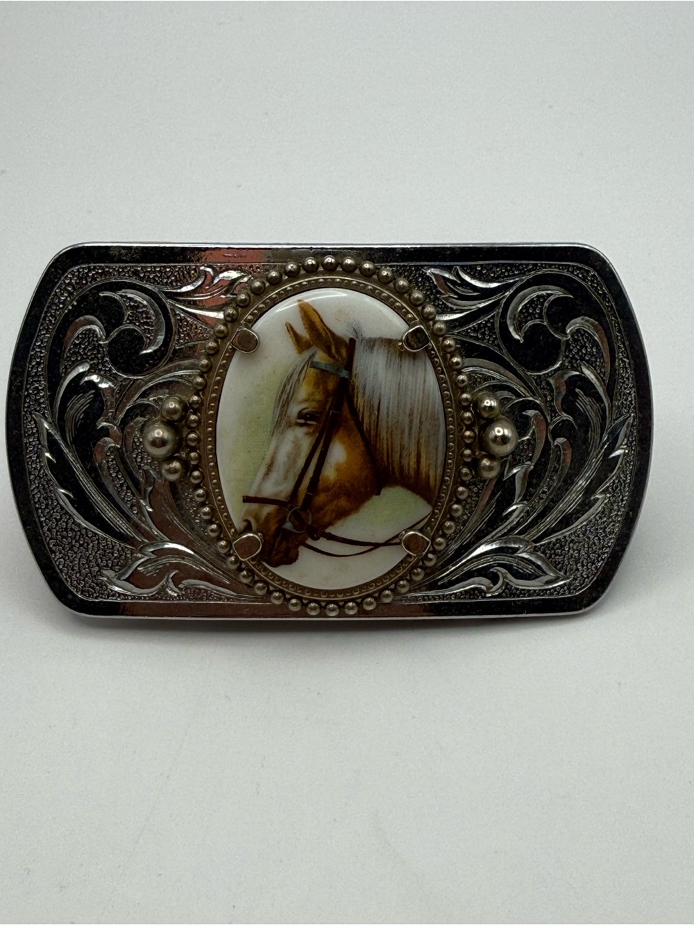 Western Horse Belt Buckle Silver Tone Ornate Scrollwork Equestrian Cowboy